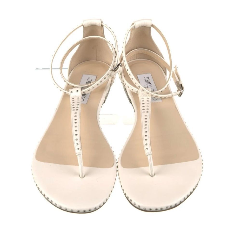 Jimmy Choo Afia Studded Ankle Strap White Leather Flat Sandal Sz-41/11